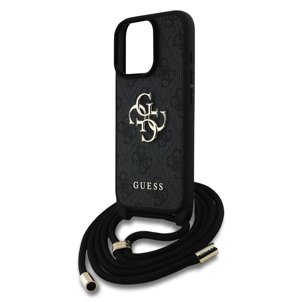 Guess PU 4G Metal Logo Crossbody Strap tok iPhone 16 Pro Max készülékhez fekete