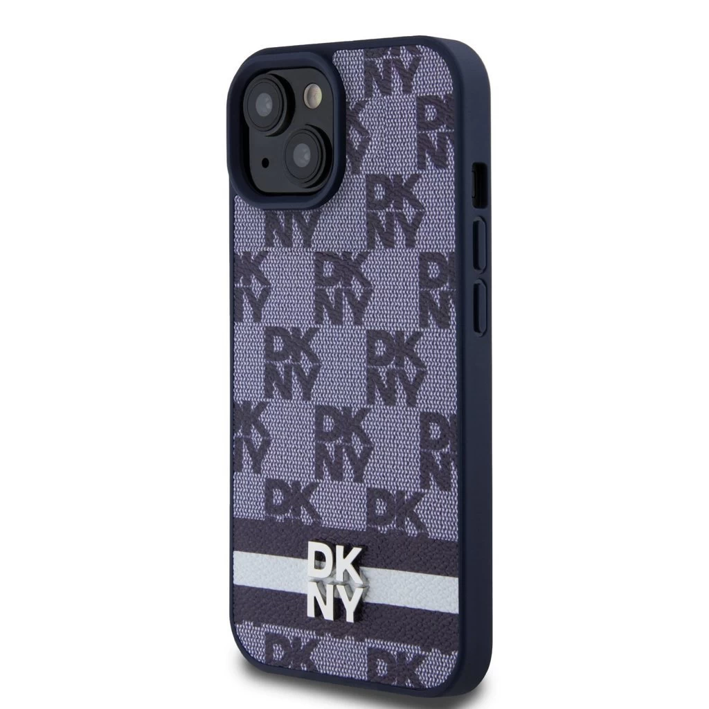 DKNY PU Leather Checkered Pattern and Stripe tok iPhone 15 készülékhez kék