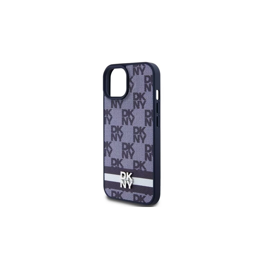 DKNY PU Leather Checkered Pattern and Stripe tok iPhone 15 készülékhez kék