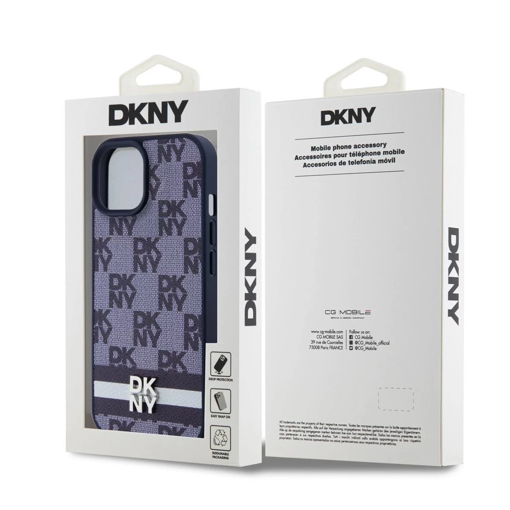 DKNY PU Leather Checkered Pattern and Stripe tok iPhone 15 készülékhez kék