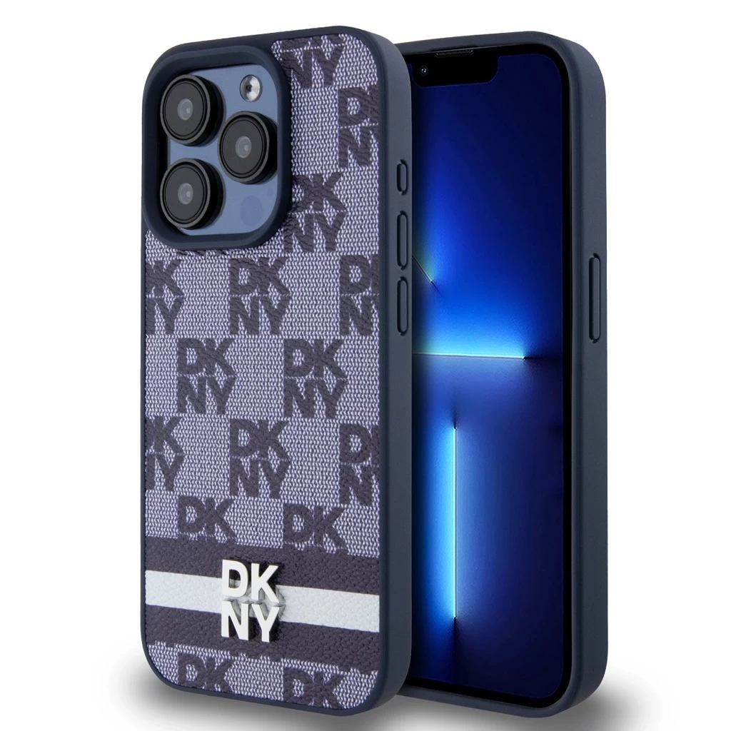 DKNY PU Leather Checkered Pattern and Stripe tok iPhone 15 Pro készülékhez kék