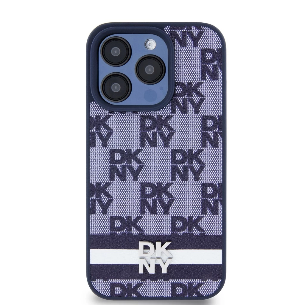 DKNY PU Leather Checkered Pattern and Stripe tok iPhone 15 Pro készülékhez kék