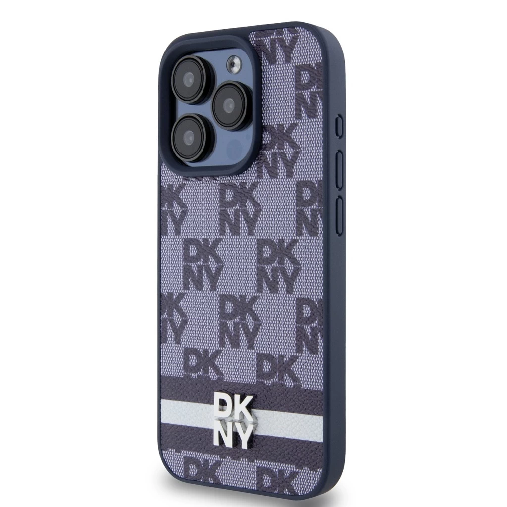 DKNY PU Leather Checkered Pattern and Stripe tok iPhone 15 Pro készülékhez kék