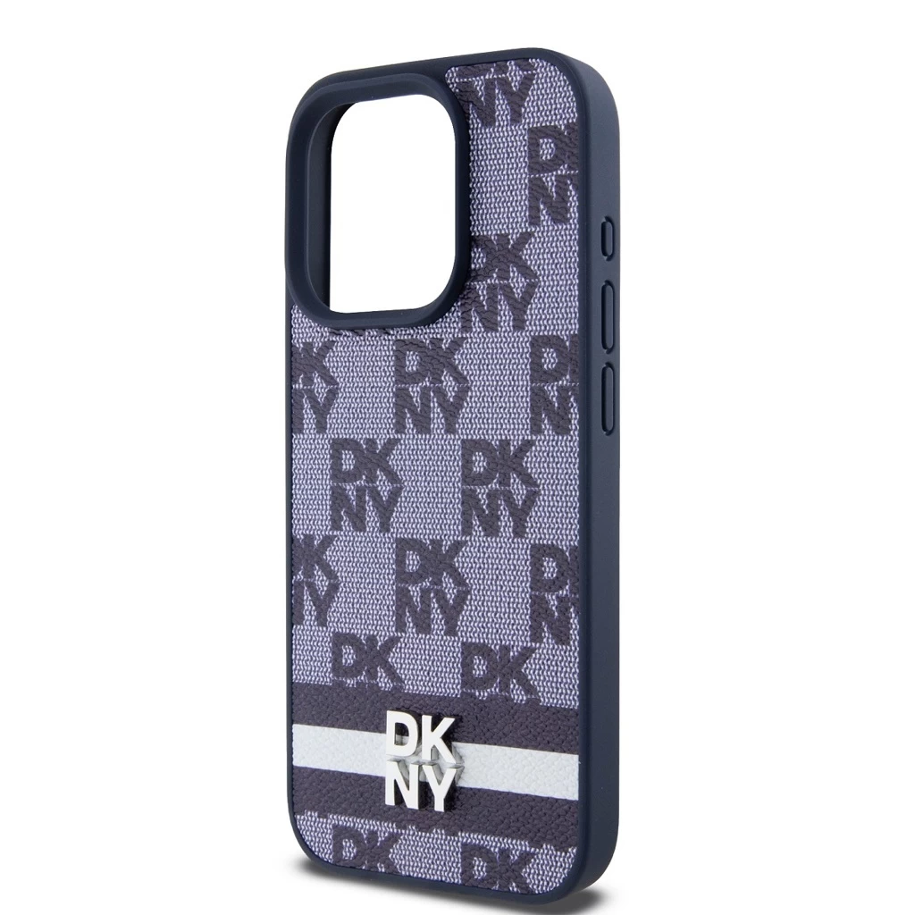DKNY PU Leather Checkered Pattern and Stripe tok iPhone 15 Pro készülékhez kék