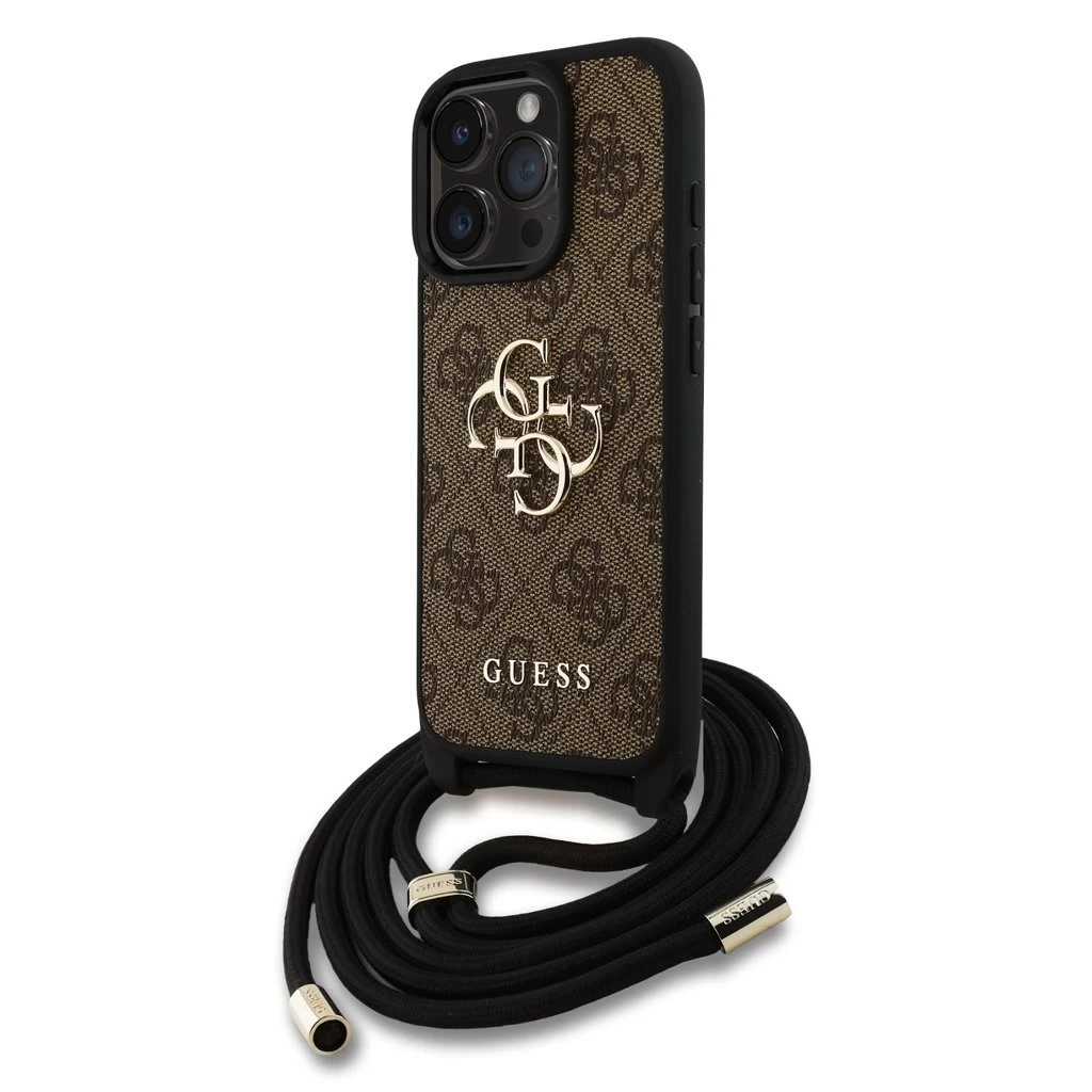 Guess PU 4G Metal Logo Crossbody Strap tok iPhone 15 Pro készülékhez barna