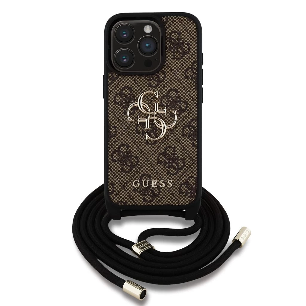 Guess PU 4G Metal Logo Crossbody Strap tok iPhone 15 Pro készülékhez barna