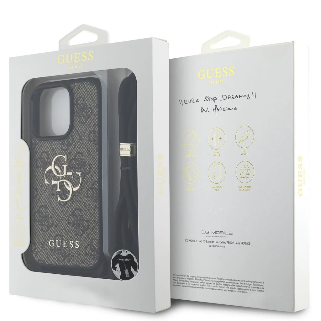 Guess PU 4G Metal Logo Crossbody Strap tok iPhone 15 Pro készülékhez barna
