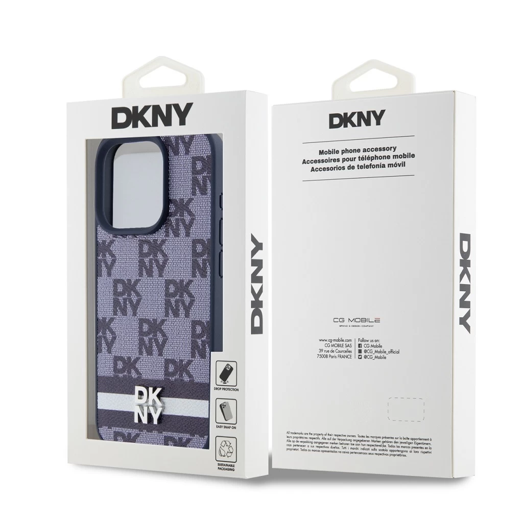 DKNY PU bőr sakktábla mintás és csíkos tok iPhone 15 Pro Max készülékhez kék