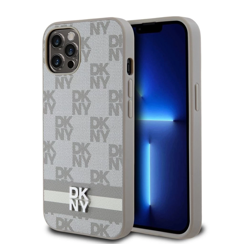 DKNY PU bőr kockás mintás és csíkozott tok iPhone 12/12 Pro készülékhez bézs