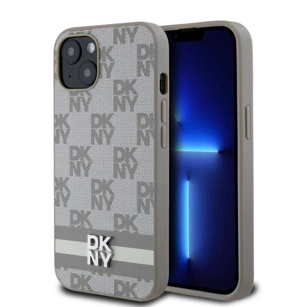DKNY PU Leather Checkered Pattern and Stripe tok az iPhone 13 készülékhez bézs