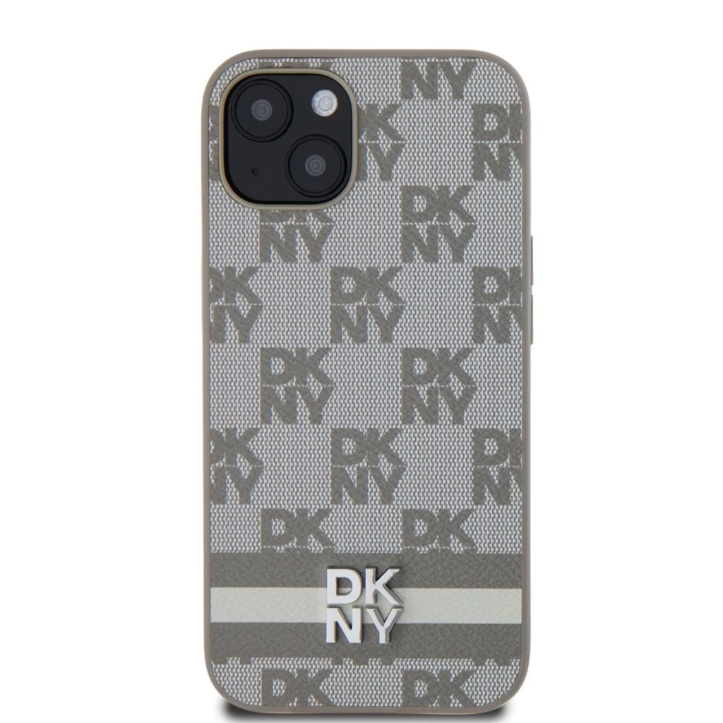 DKNY PU Leather Checkered Pattern and Stripe tok az iPhone 13 készülékhez bézs