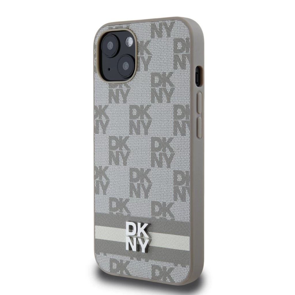 DKNY PU Leather Checkered Pattern and Stripe tok az iPhone 13 készülékhez bézs