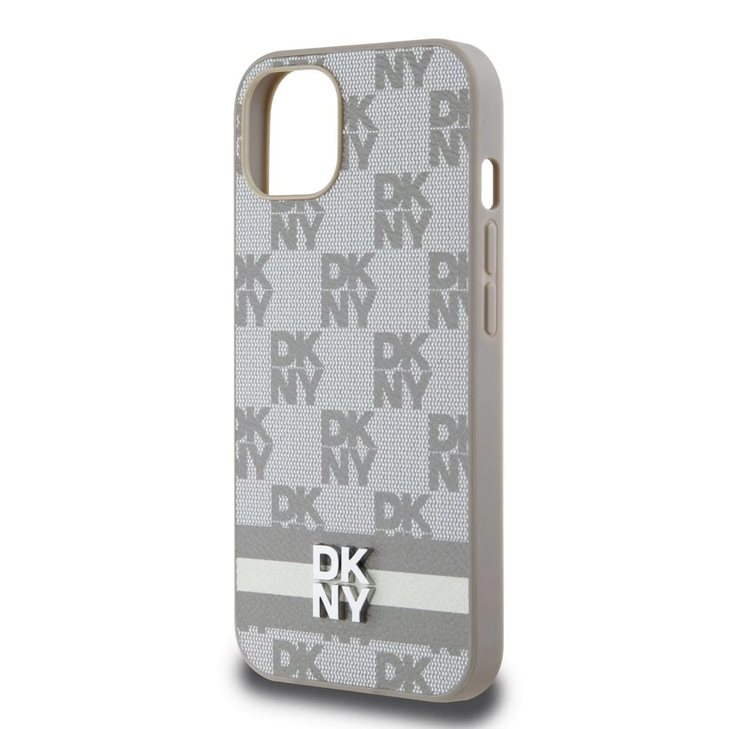 DKNY PU Leather Checkered Pattern and Stripe tok az iPhone 13 készülékhez bézs