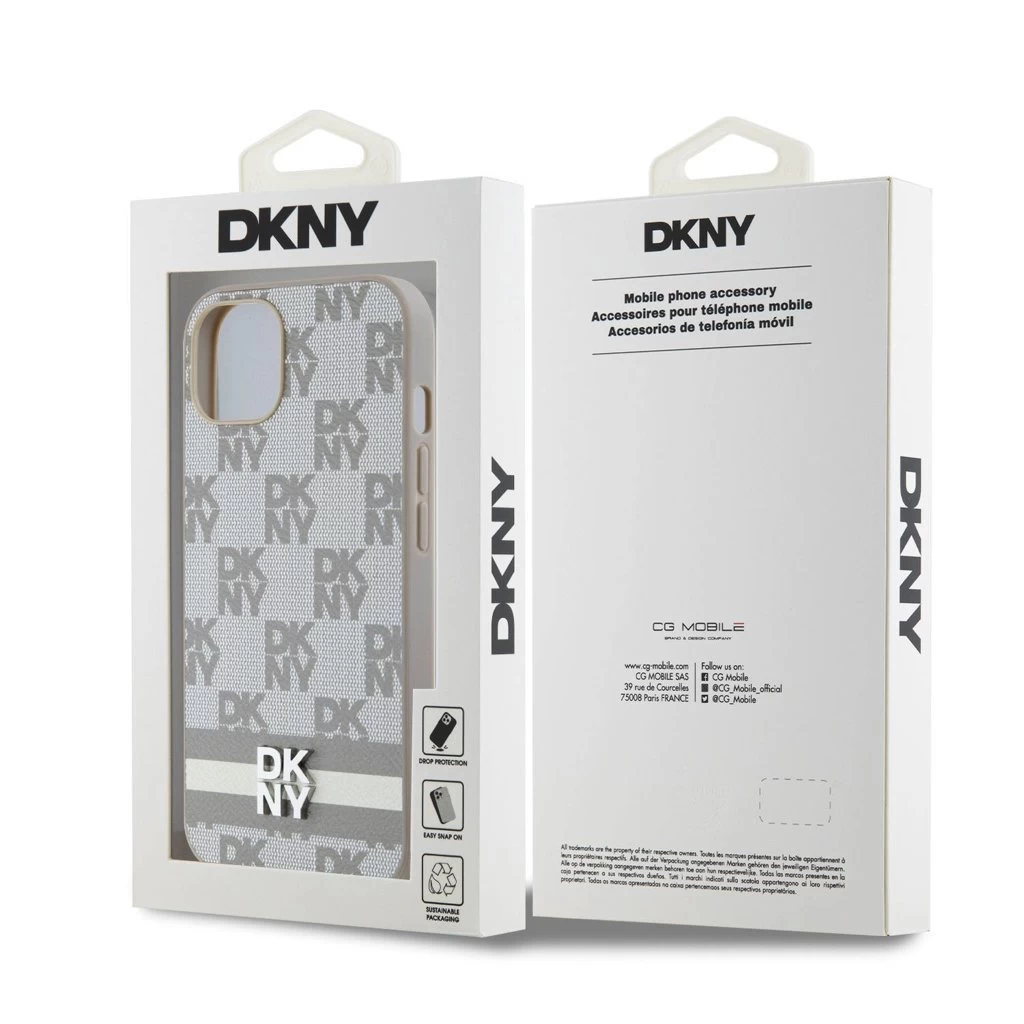 DKNY PU Leather Checkered Pattern and Stripe tok az iPhone 13 készülékhez bézs