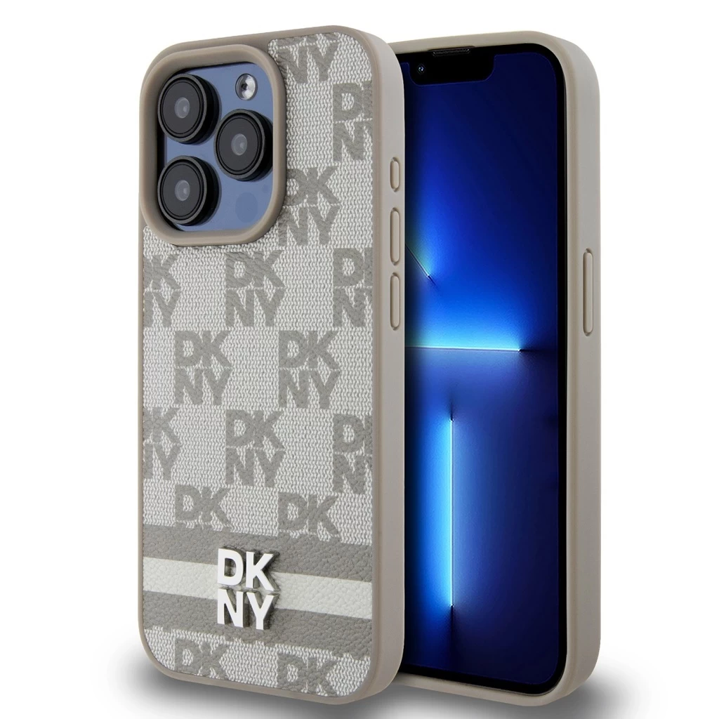 DKNY PU Leather Checkered Pattern and Stripe tok iPhone 13 Pro készülékhez bézs