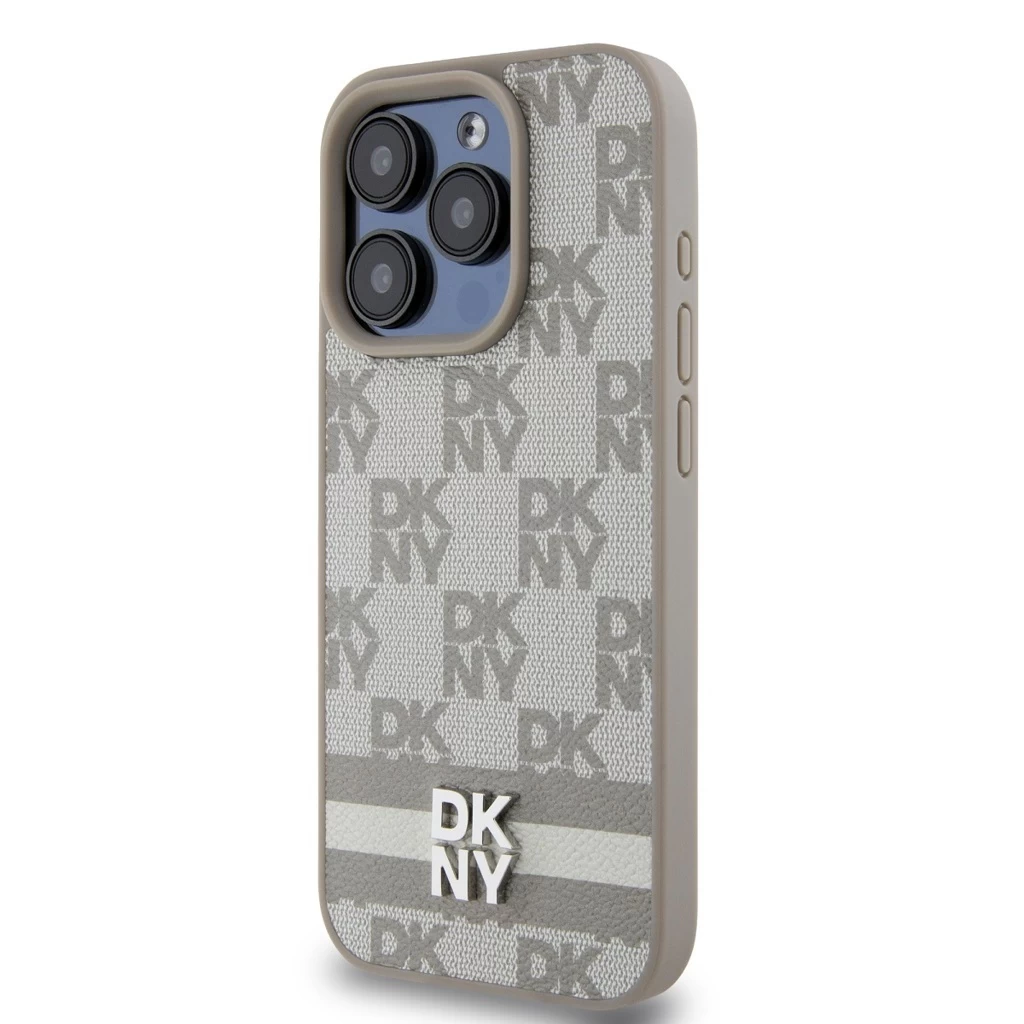 DKNY PU Leather Checkered Pattern and Stripe tok iPhone 13 Pro készülékhez bézs