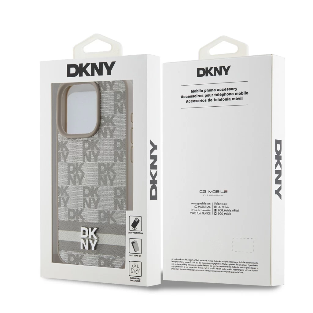 DKNY PU Leather Checkered Pattern and Stripe tok iPhone 13 Pro készülékhez bézs