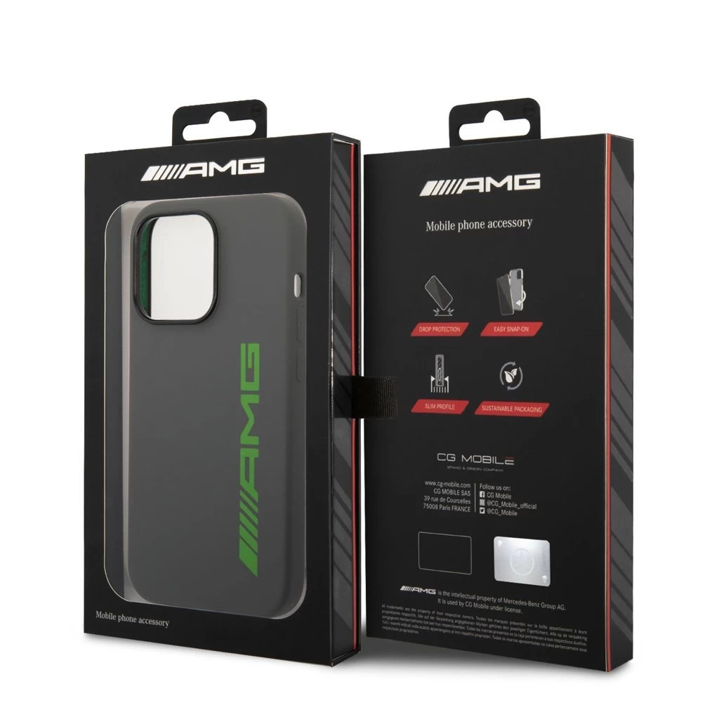 AMG Liquid Silicone Green Logo tok iPhone 14 Pro Max készülékhez szürke