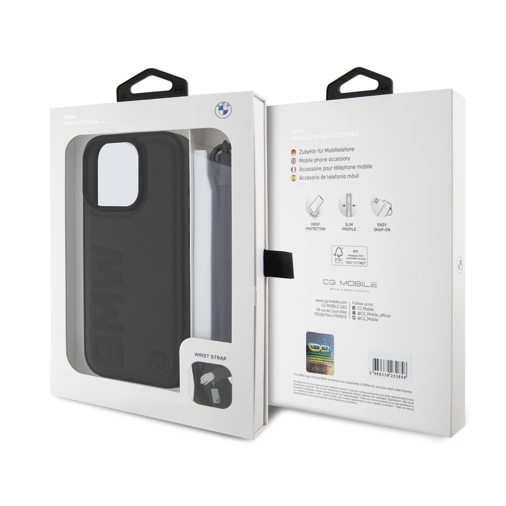 BMW Leather Signature and Strap tok iPhone 16 Pro készülékhez fekete