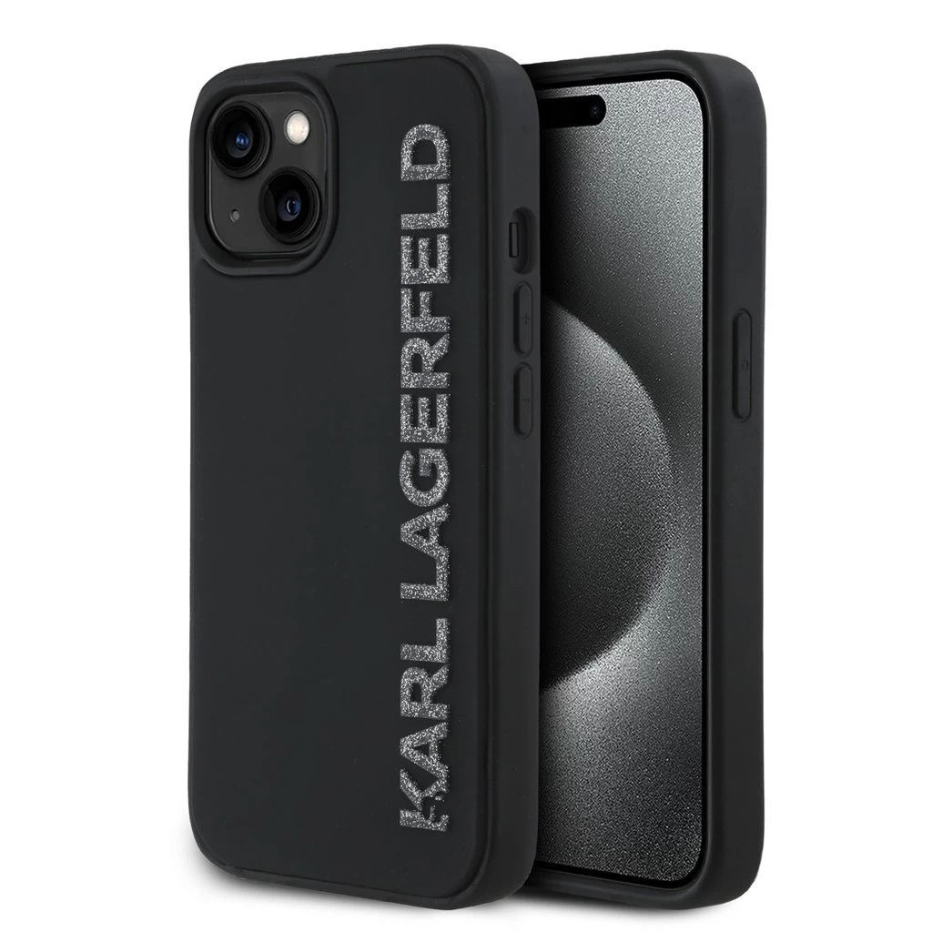 Karl Lagerfeld 3D Rubber Glitter Logo tok iPhone 15 készülékhez fekete