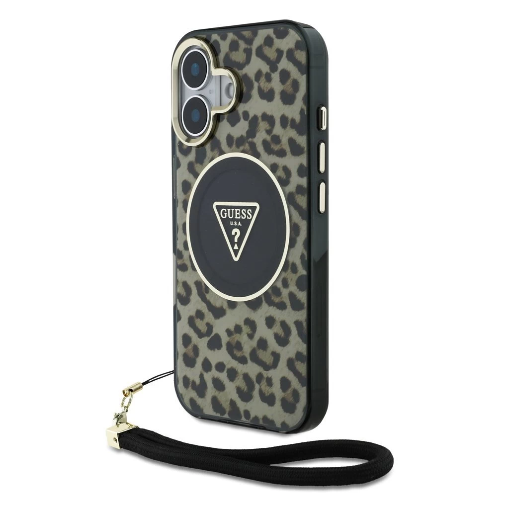 Guess IML Leopard Triangle Logo Strap MagSafe tok iPhone 16 készülékhez barna Guess IML Leopard Triangle Logo Strap MagSafe tok iPhone 16 készülékhez barna