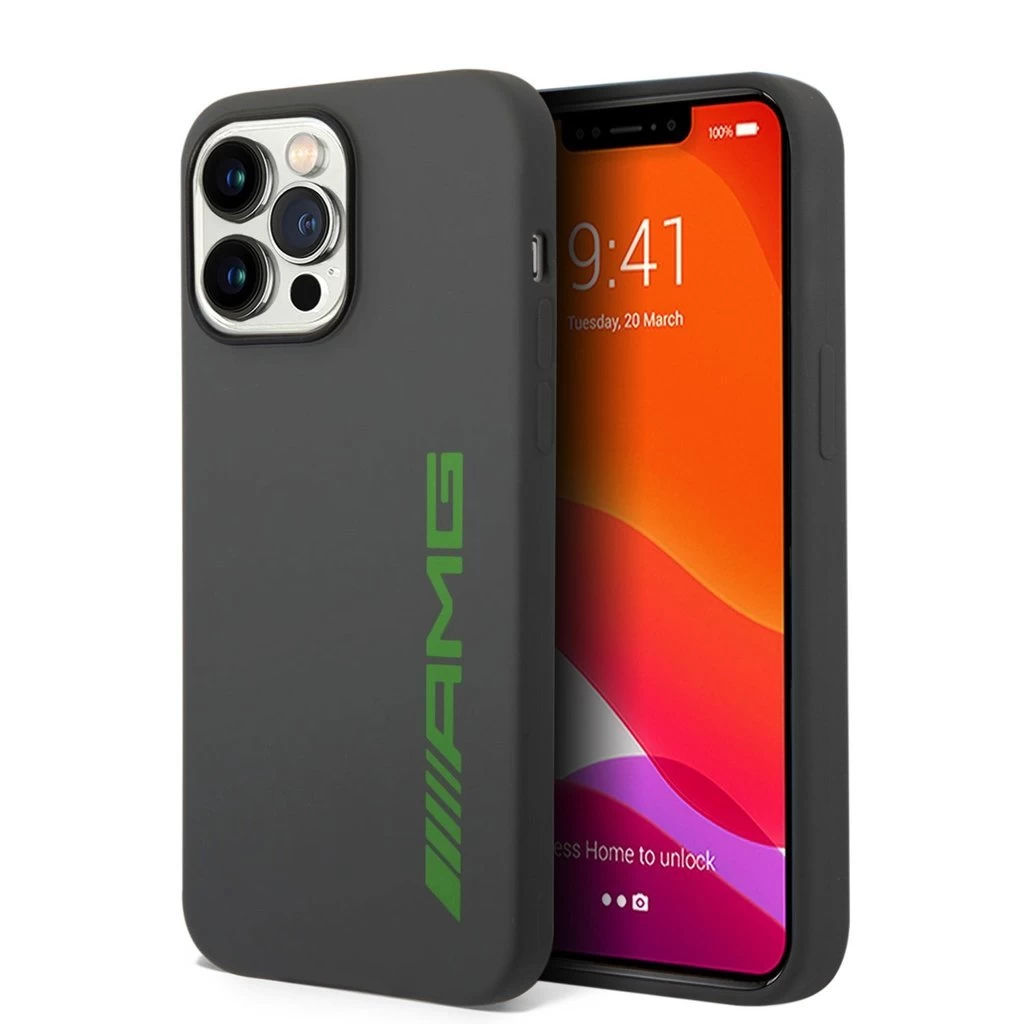 AMG Liquid Silicone Green Logo tok iPhone 14 Pro készülékhez szürke AMG Liquid Silicone Green Logo tok iPhone 14 Pro készülékhez szürke