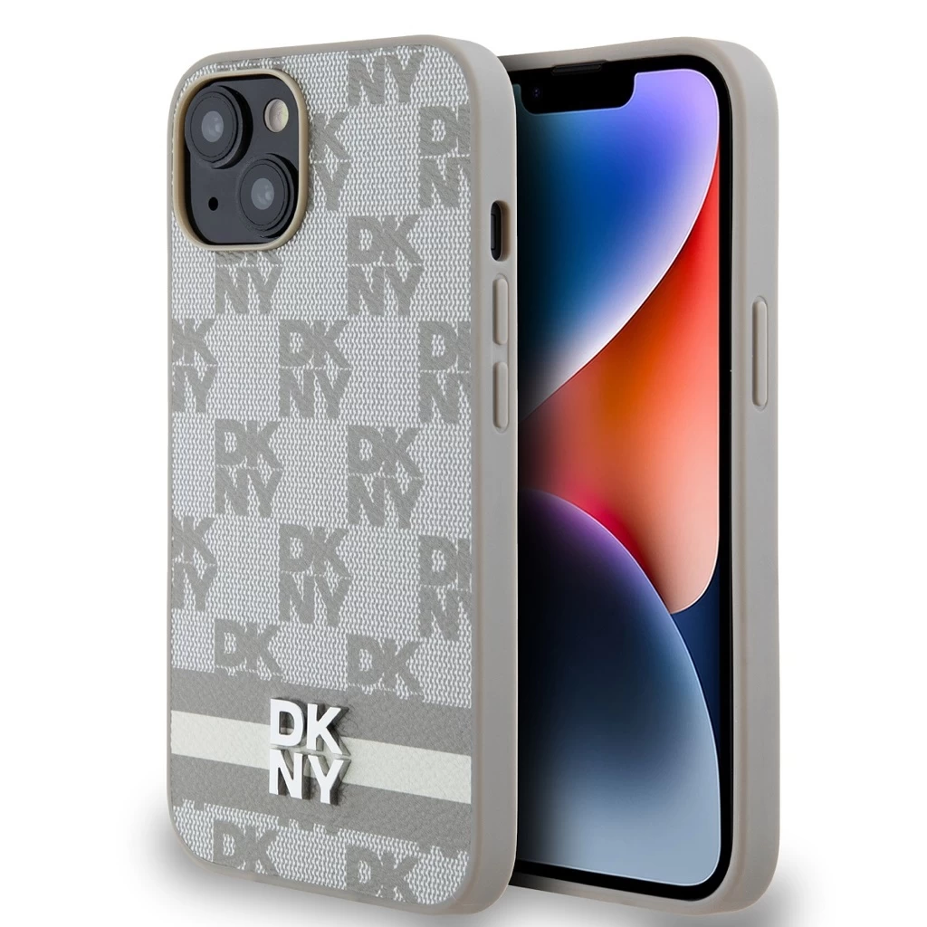DKNY PU Leather Checkered Pattern and Stripe tok iPhone 14 készülékhez bézs