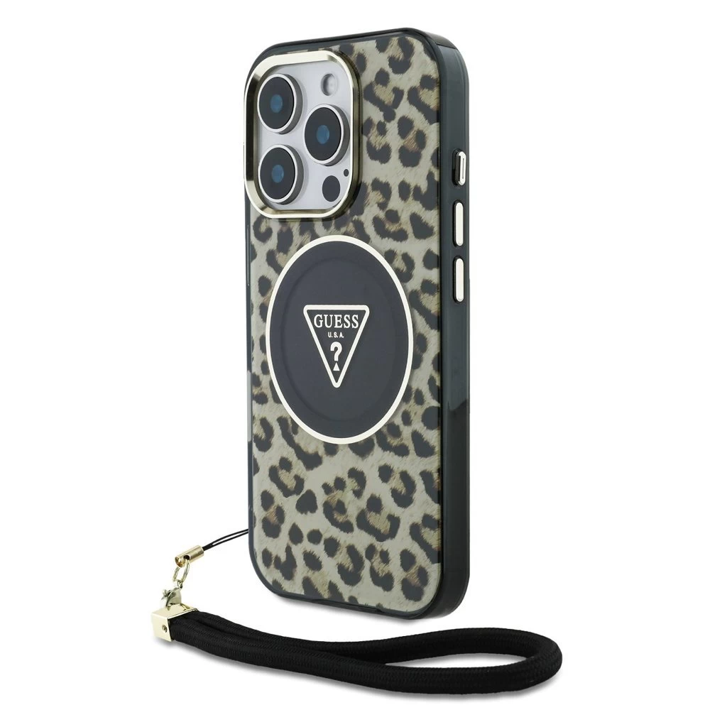 Guess IML Leopard Triangle Logo Strap MagSafe tok iPhone 16 Pro készülékhez barna