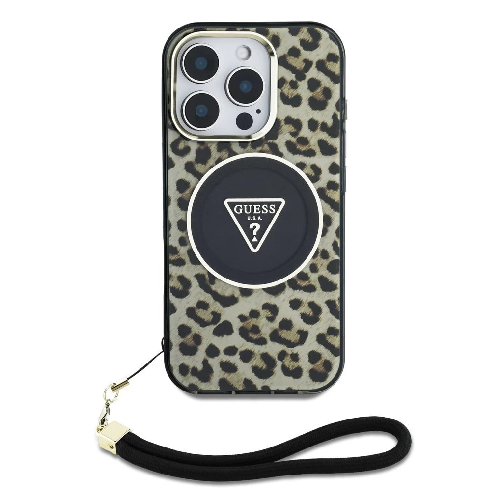 Guess IML Leopard Triangle Logo Strap MagSafe tok iPhone 16 Pro készülékhez barna
