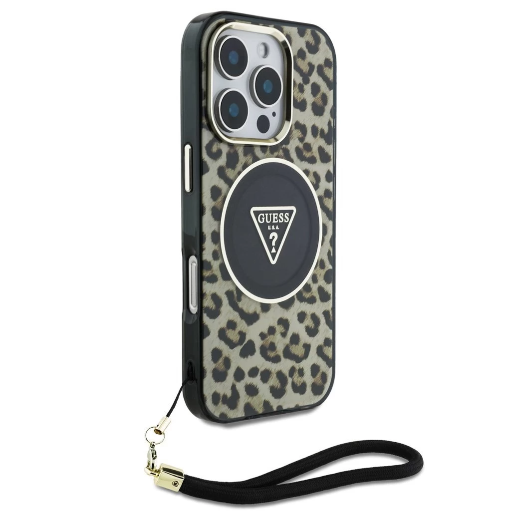 Guess IML Leopard Triangle Logo Strap MagSafe tok iPhone 16 Pro készülékhez barna