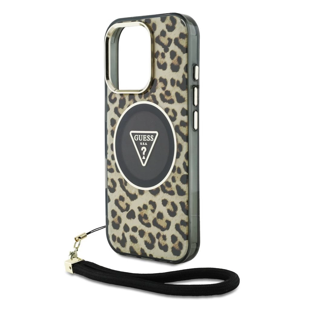Guess IML Leopard Triangle Logo Strap MagSafe tok iPhone 16 Pro készülékhez barna