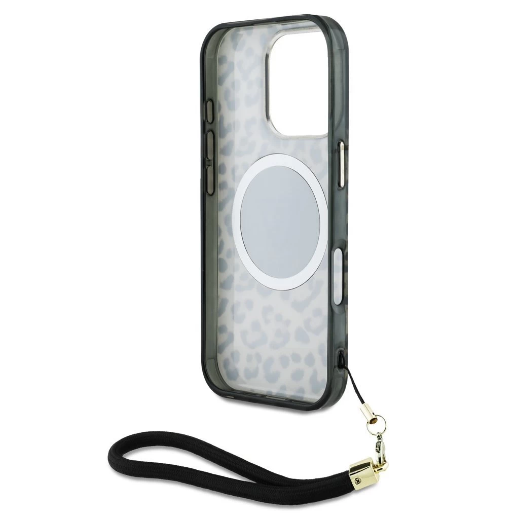 Guess IML Leopard Triangle Logo Strap MagSafe tok iPhone 16 Pro készülékhez barna