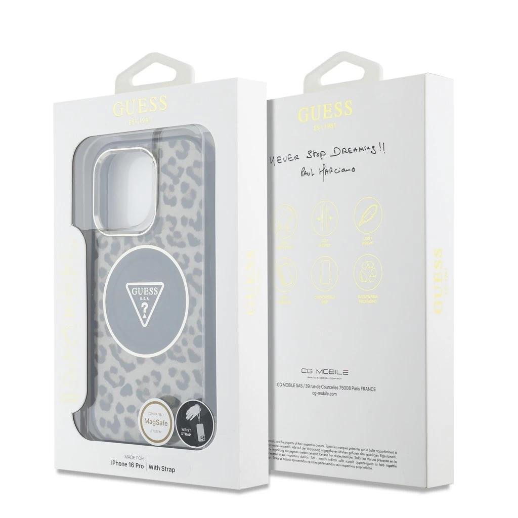 Guess IML Leopard Triangle Logo Strap MagSafe tok iPhone 16 Pro készülékhez barna