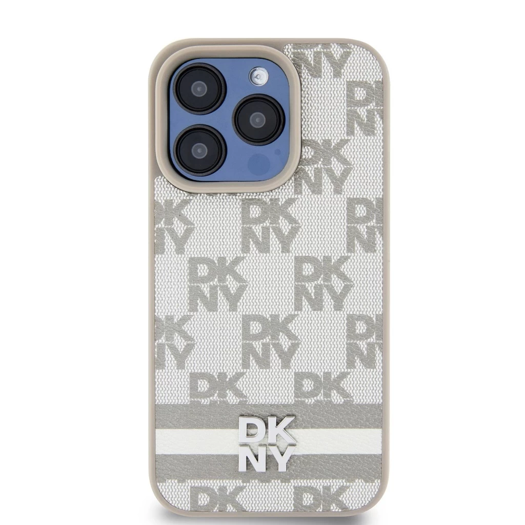 DKNY PU Leather Checkered Pattern and Stripe tok iPhone 14 Pro készülékhez bézs