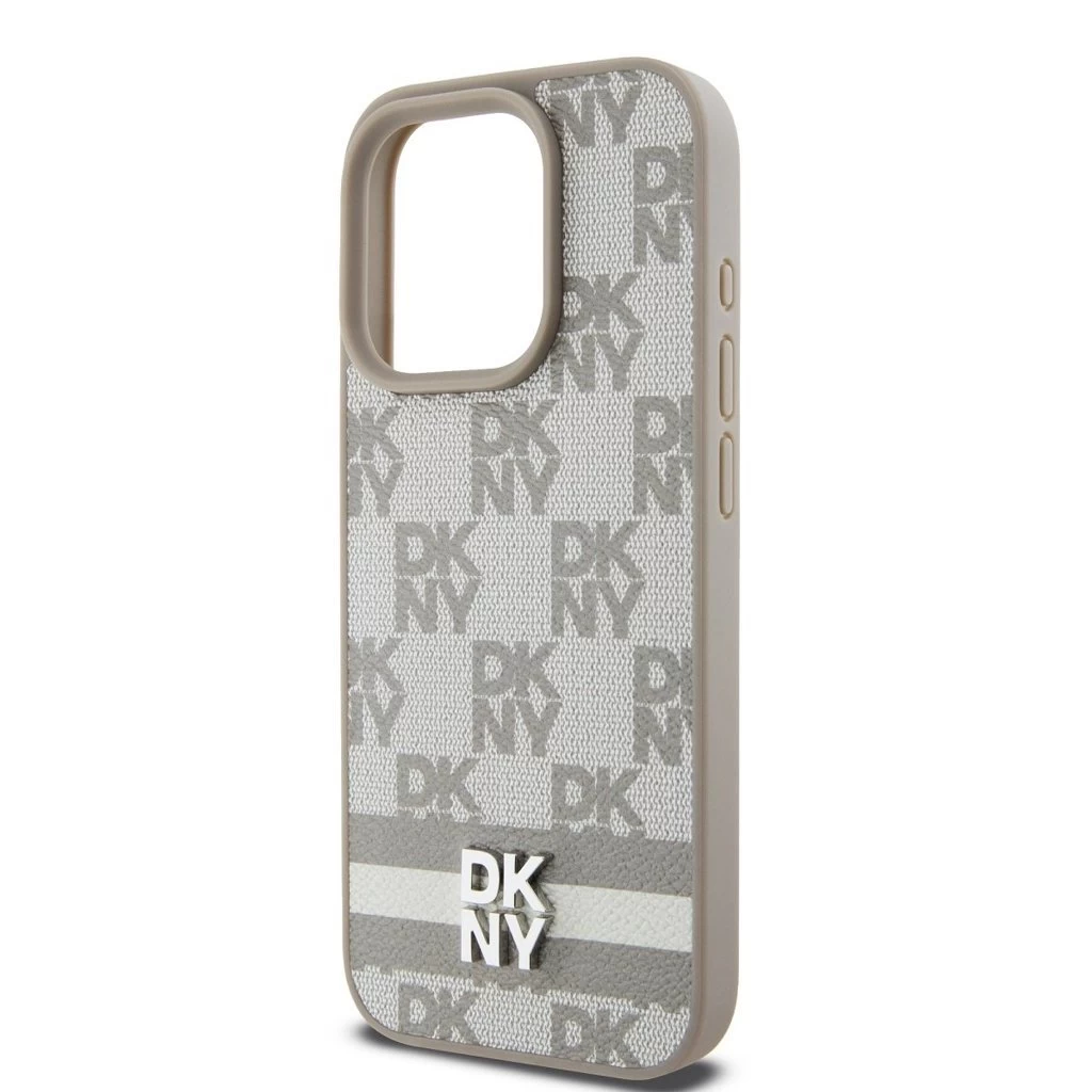 DKNY PU Leather Checkered Pattern and Stripe tok iPhone 14 Pro készülékhez bézs