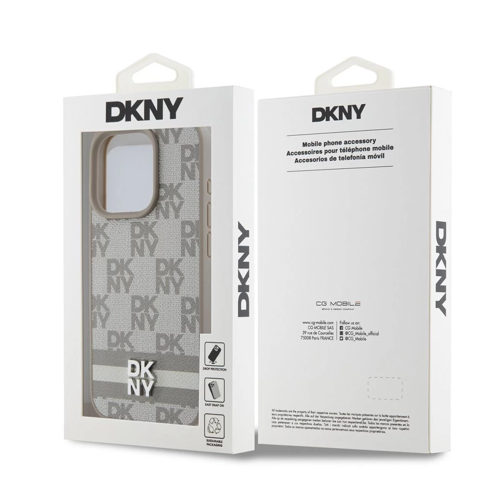 DKNY PU Leather Checkered Pattern and Stripe tok iPhone 14 Pro készülékhez bézs