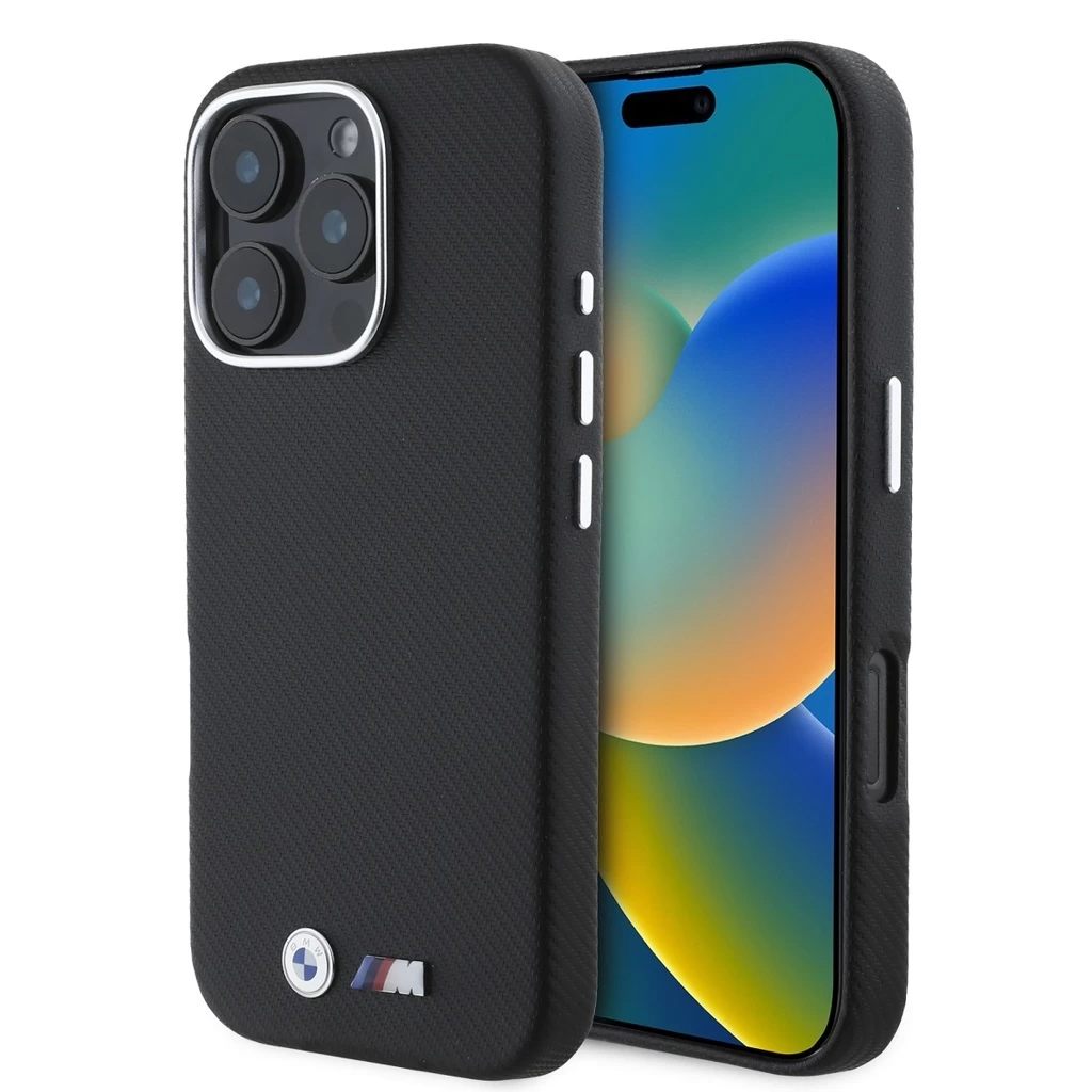 BMW M PU Kevlar Metal Logo tok iPhone 16 Pro készülékhez fekete