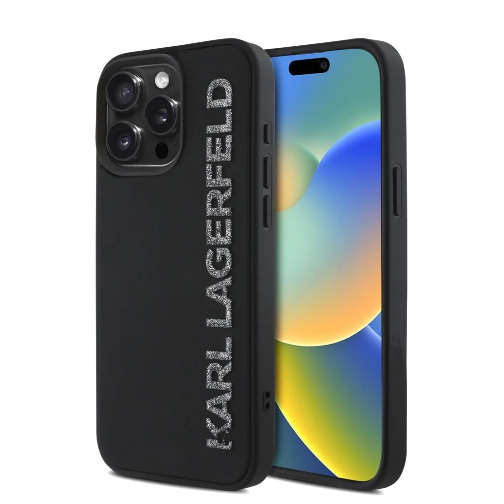 Karl Lagerfeld 3D Rubber Glitter Logo tok iPhone 15 Pro Max készülékhez fekete
