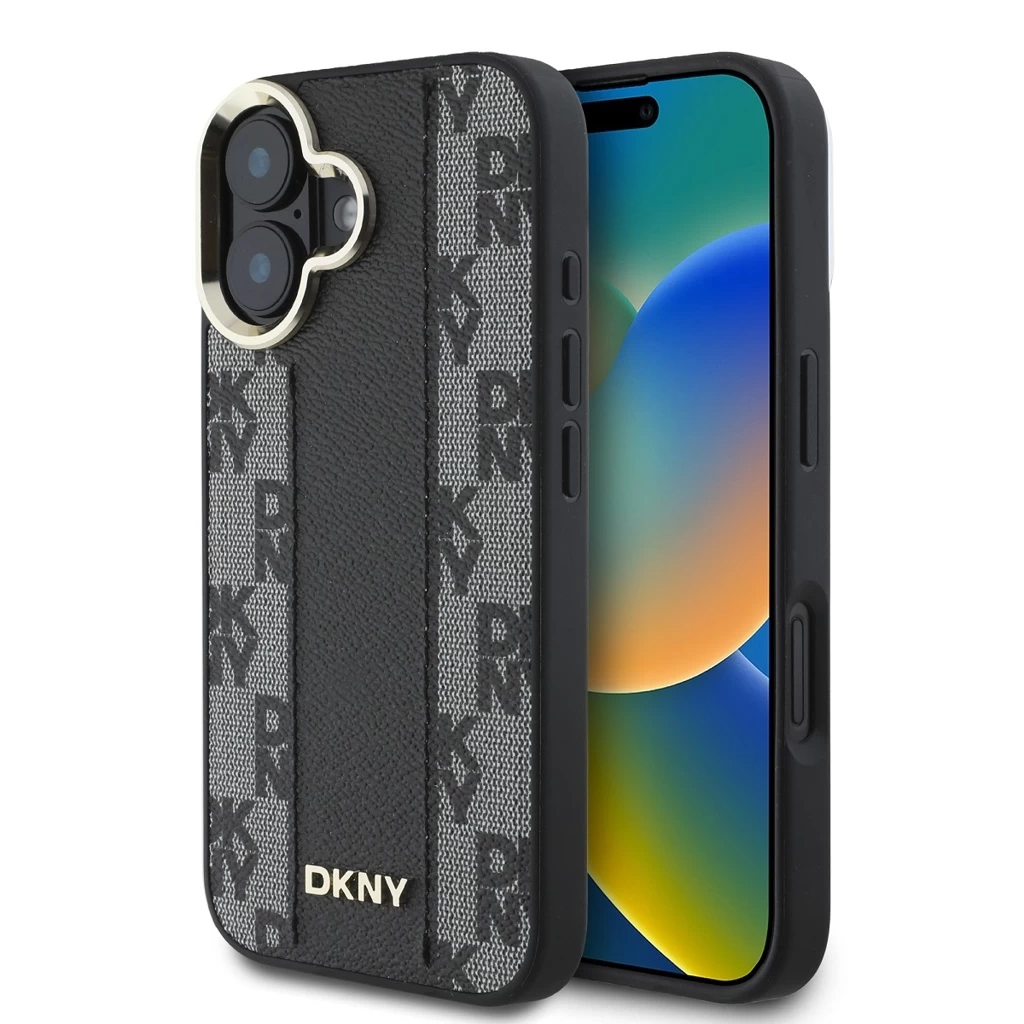 DKNY PU bőr kockás mintás Magsafe tok iPhone 16 Plus készülékhez fekete