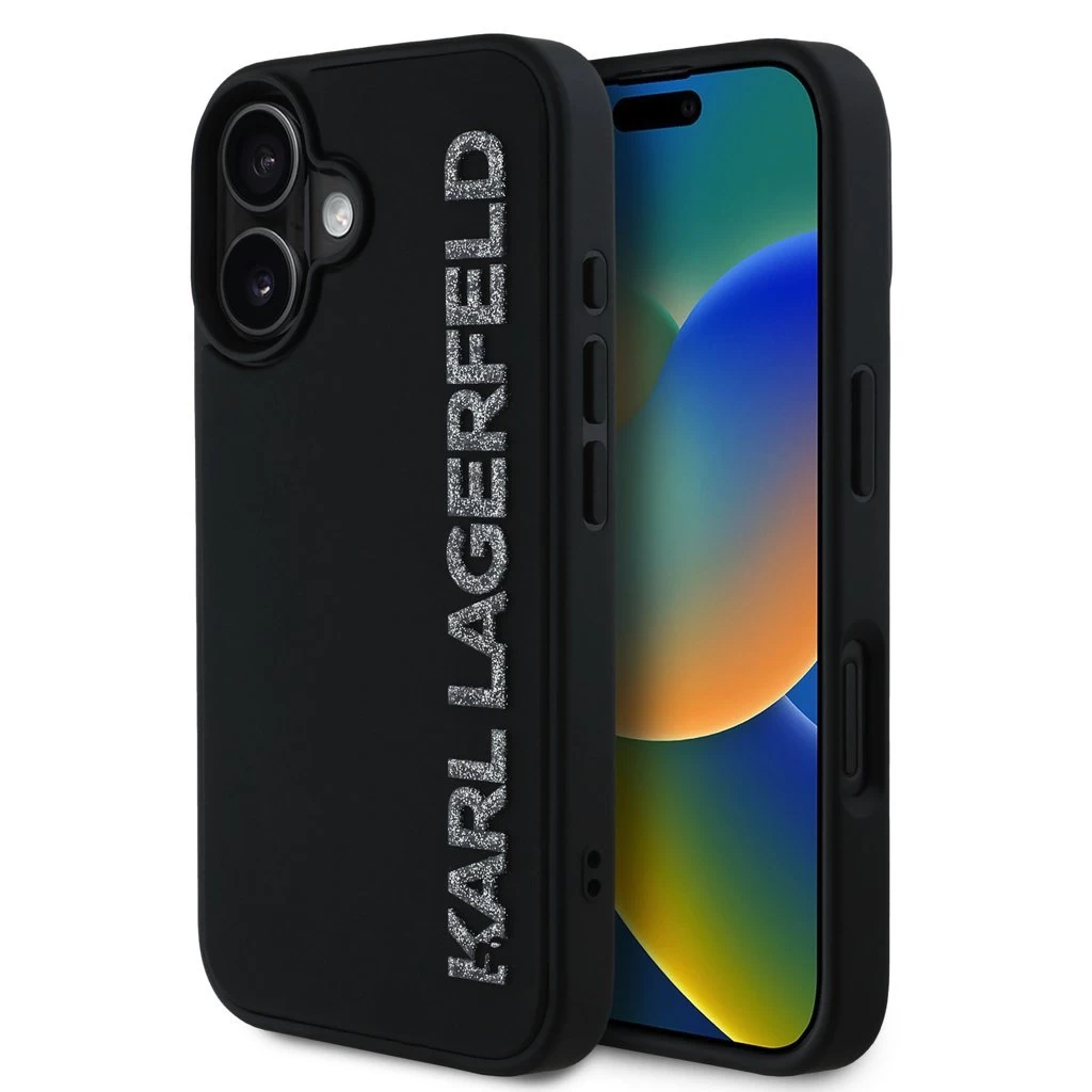 Karl Lagerfeld 3D Rubber Glitter Logo tok iPhone 16 készülékhez fekete