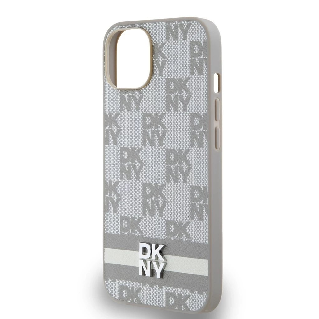 DKNY PU Leather Checkered Pattern and Stripe tok iPhone 15 készülékhez bézs