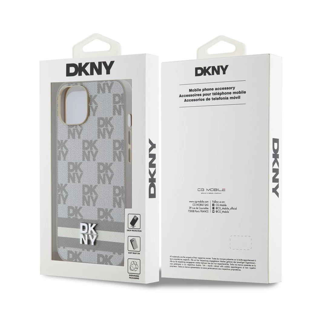 DKNY PU Leather Checkered Pattern and Stripe tok iPhone 15 készülékhez bézs