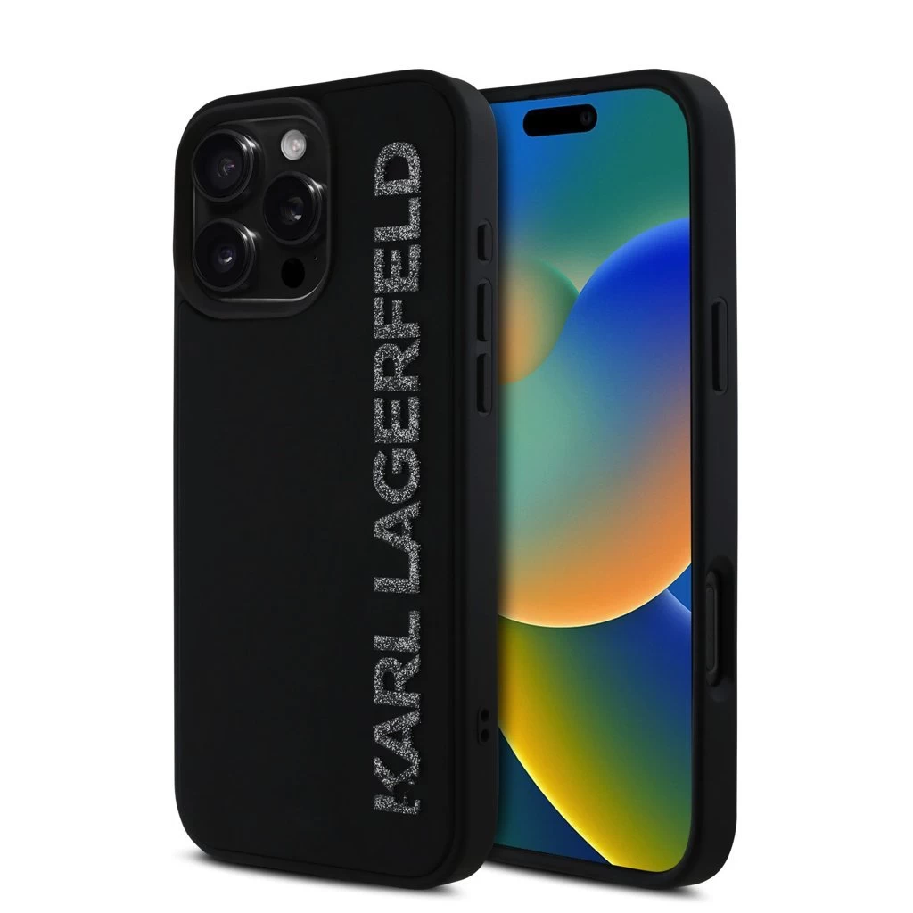 Karl Lagerfeld 3D Rubber Glitter Logo tok iPhone 16 Pro készülékhez fekete