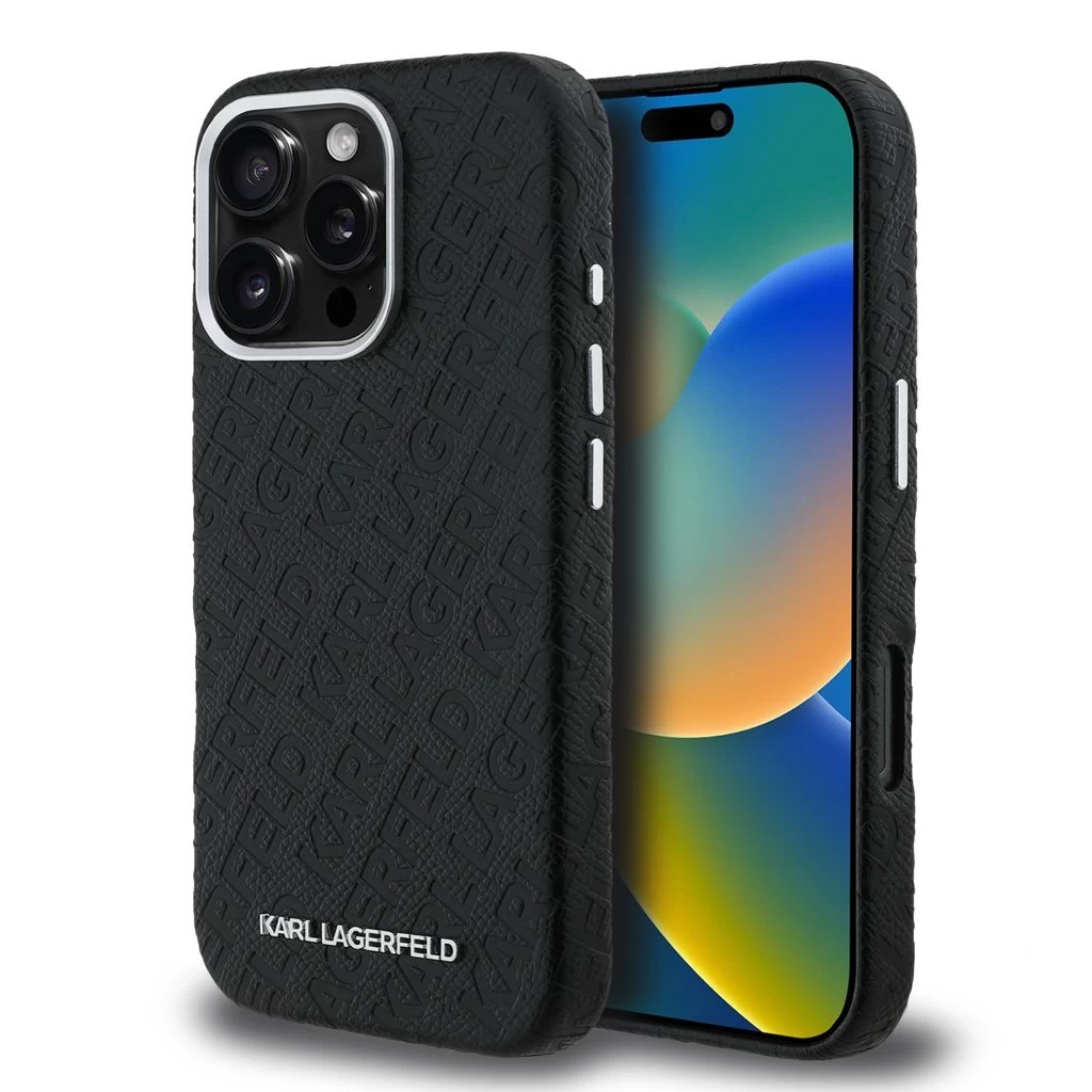 Karl Lagerfeld Grained PU Repeated Logo MagSafe tok iPhone 16 Pro készülékhez fekete