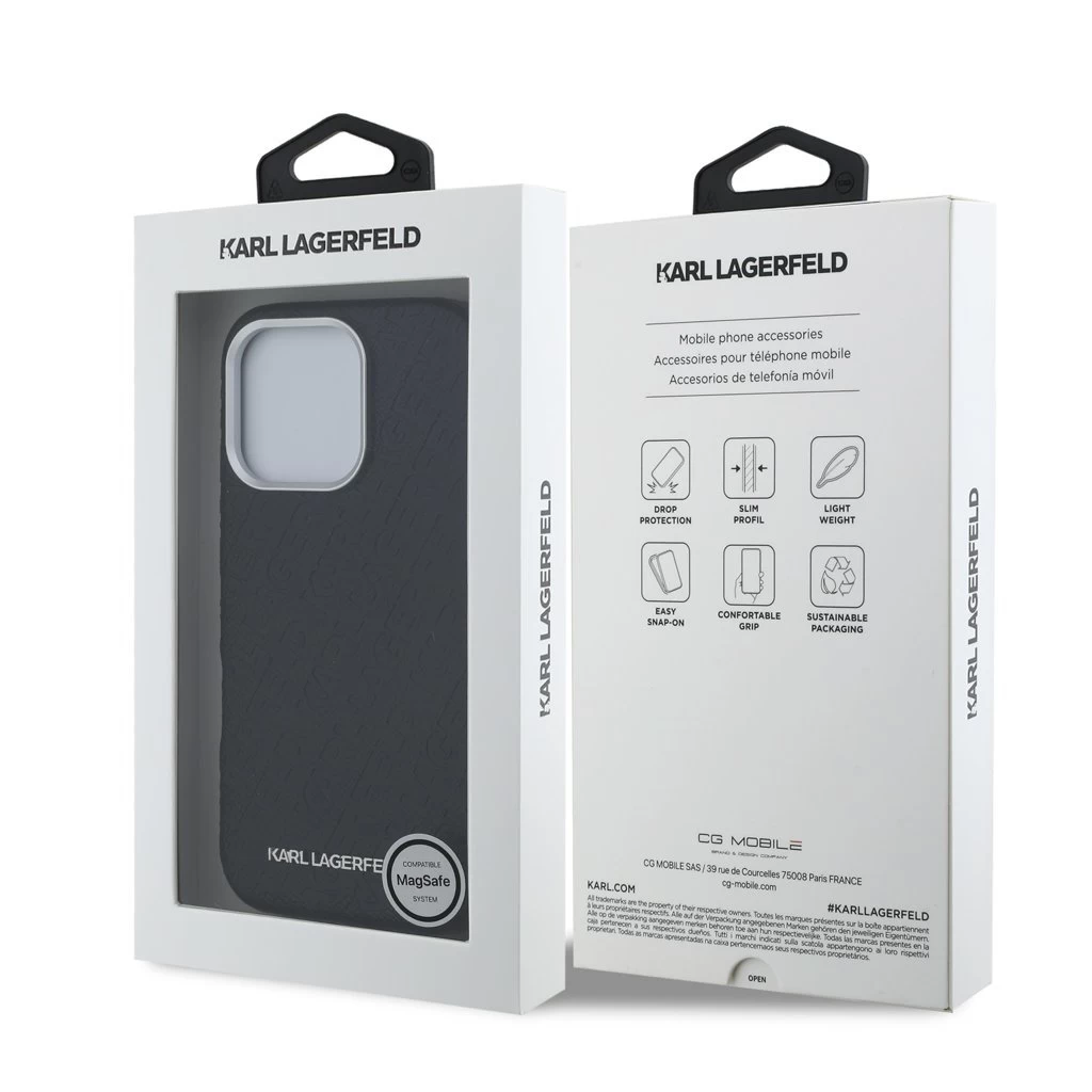 Karl Lagerfeld Grained PU Repeated Logo MagSafe tok iPhone 16 Pro készülékhez fekete