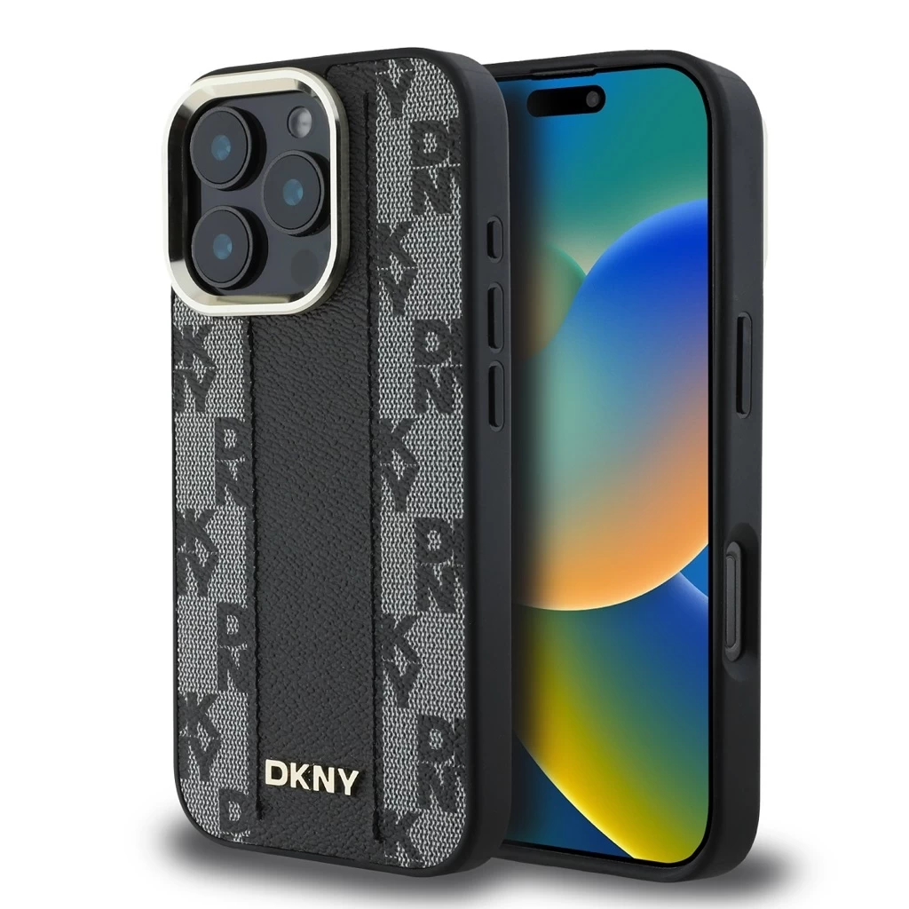 DKNY PU bőr kockás mintás MagSafe tok iPhone 16 Pro Max készülékhez fekete