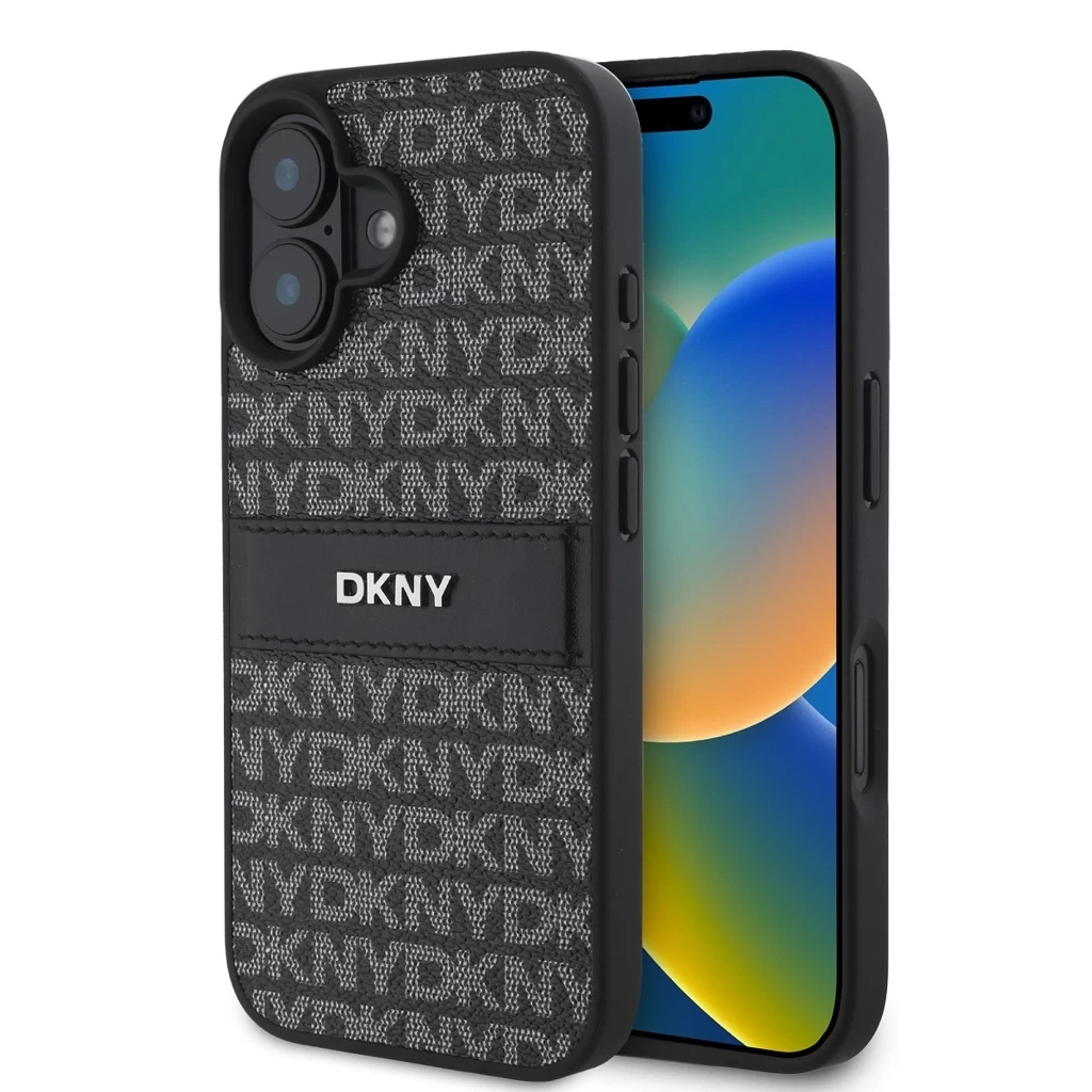 DKNY PU Leather Repeat Pattern Tonal Stripe tok iPhone 16 készülékhez fekete DKNY PU Leather Repeat Pattern Tonal Stripe tok iPhone 16 készülékhez fekete