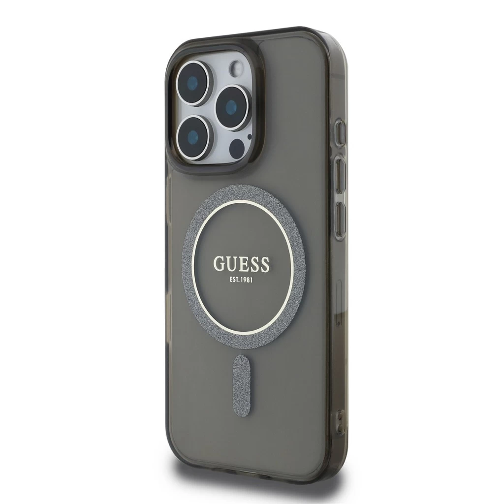 Guess IML Glitter Ring MagSafe tok iPhone 16 Pro Max készülékhez fekete