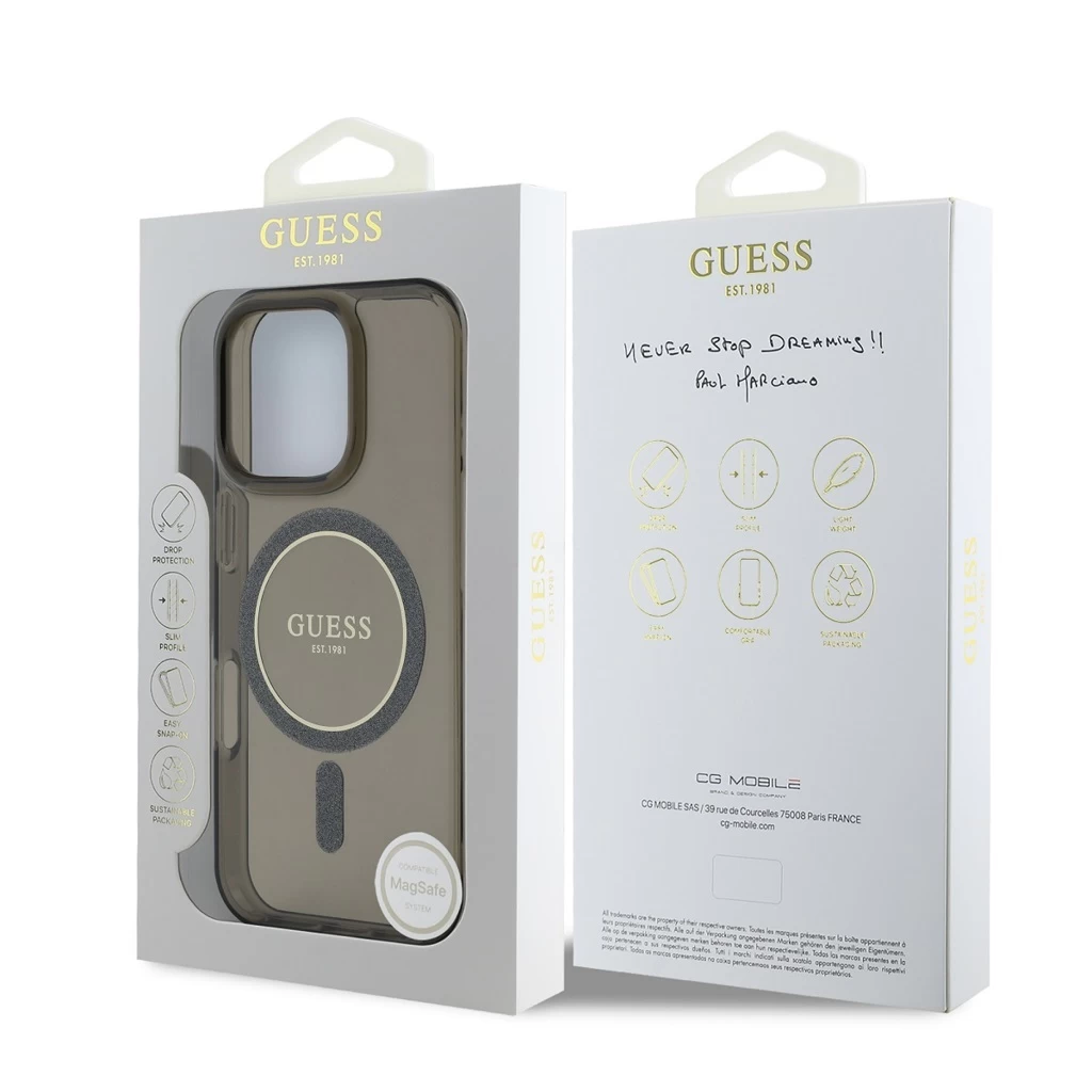 Guess IML Glitter Ring MagSafe tok iPhone 16 Pro Max készülékhez fekete
