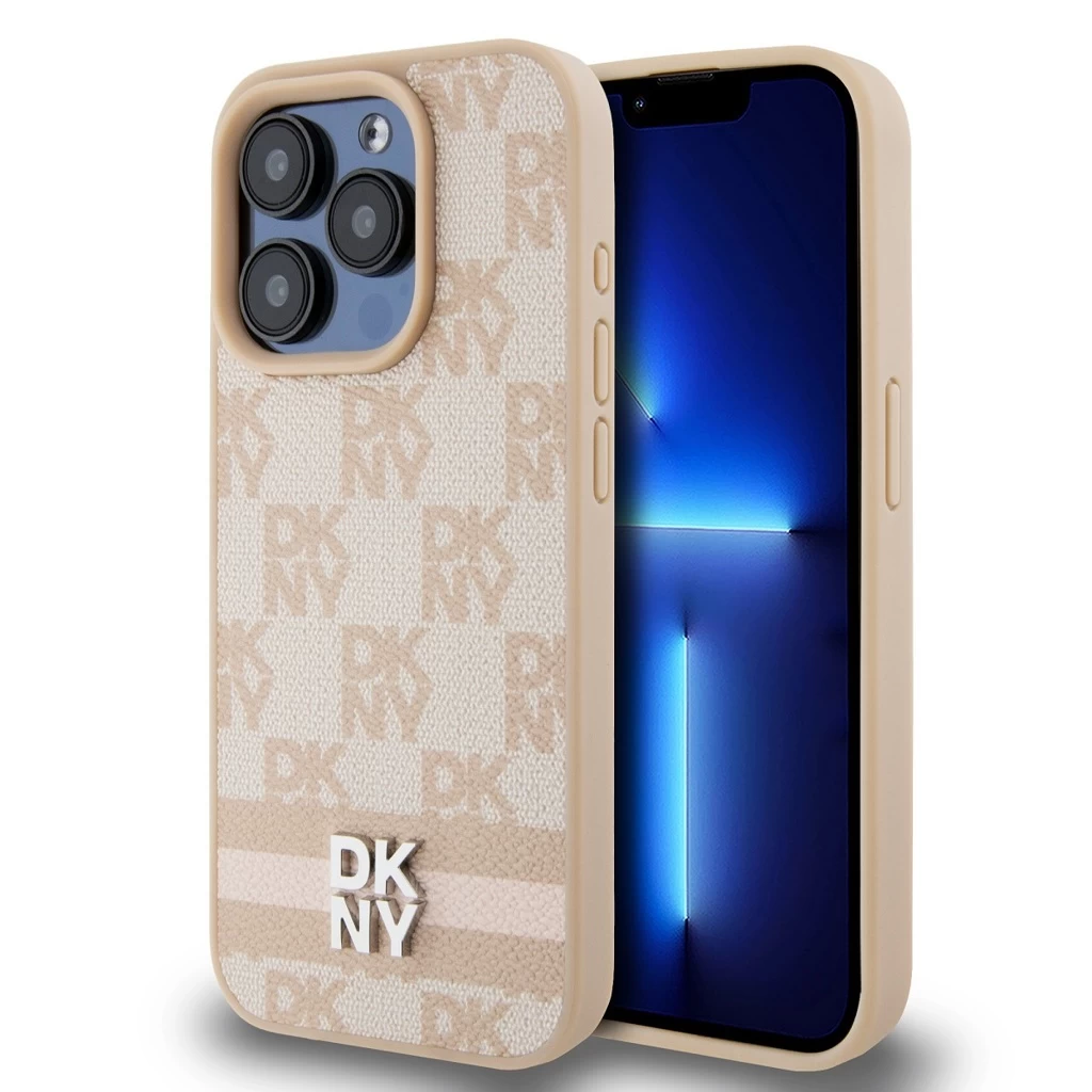 DKNY PU Leather Checkered Pattern and Stripe tok iPhone 14 Pro Max készülékhez rózsaszín